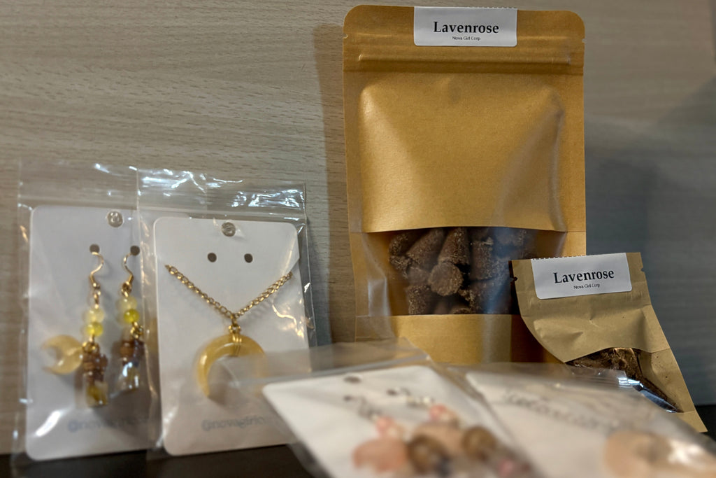 Shop our summer jewelry bundle: handmade dangly earrings and crescent moon necklaces in 'After Glow' and 'Starlight' with Lavenrose incense cones. Limited stock!