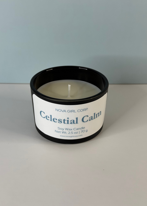 Candle with 'Celestial Calm' label on a plain background